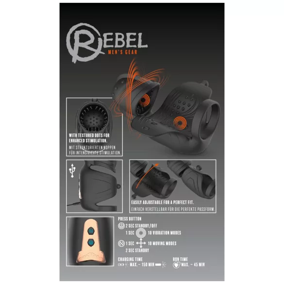 Rebel - δονητής πέους για άνδρες με κινούμενο διεγέρτη βαλάνου (μαύρος)