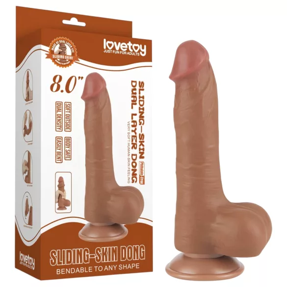 Lovetoy Sliding-Skin - δονητής με όρχεις διπλής στρώσης - 20,8cm - σκούρο φυσικό