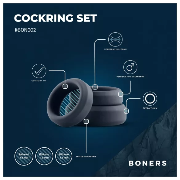 Boners - σετ δαχτυλίδια πέους σιλικόνης - 3 τεμάχια - γκρι
