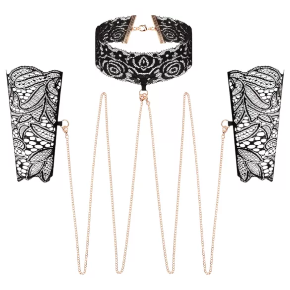 Rosy Gold - σετ κολάρο και χειροπέδες - δέρμα - μαύρο