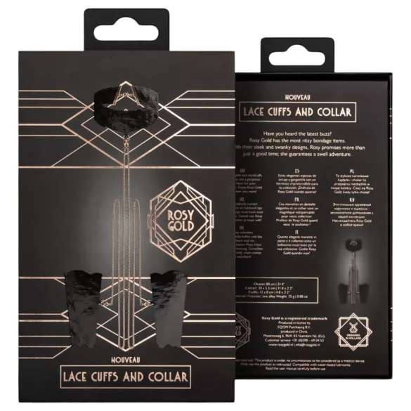 Rosy Gold - σετ κολάρο και χειροπέδες - δέρμα - μαύρο